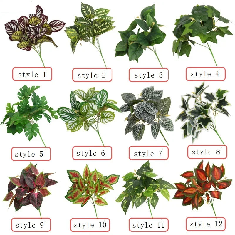 plantes artificielles vertes feuilles variées moderne decoration intérieure extérieure herbe décorative marron rouge blanc