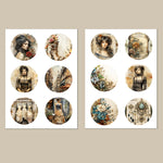médailles vintage romantique fleurs vêtements historiques accessoires scènes urbaines beige noir rouge bleu vert