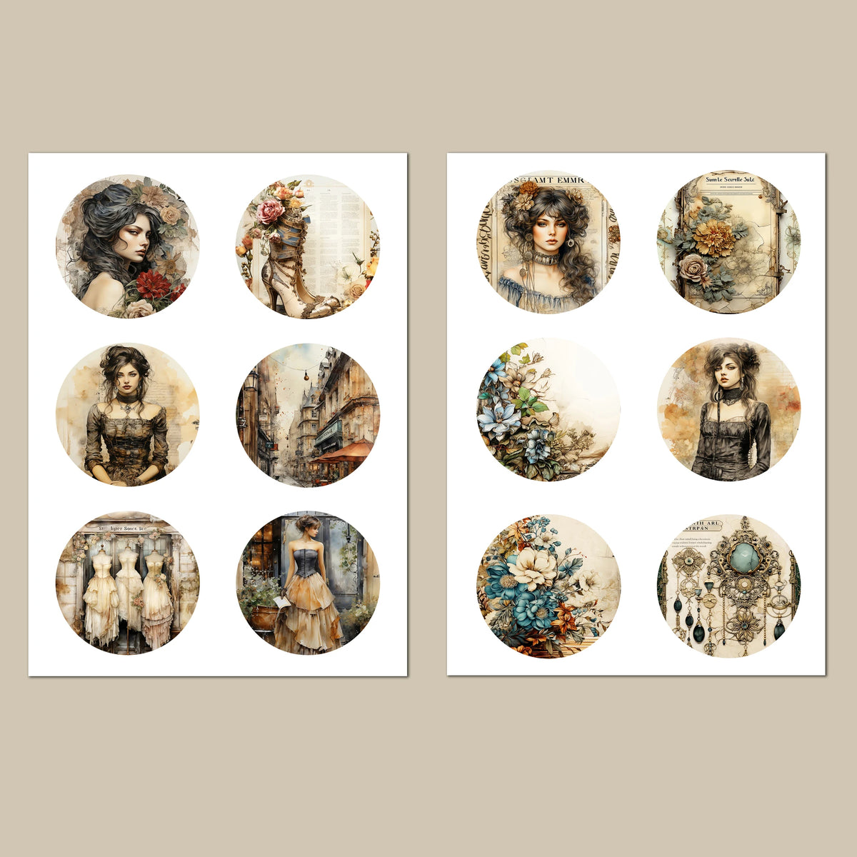 médailles vintage romantique fleurs vêtements historiques accessoires scènes urbaines beige noir rouge bleu vert