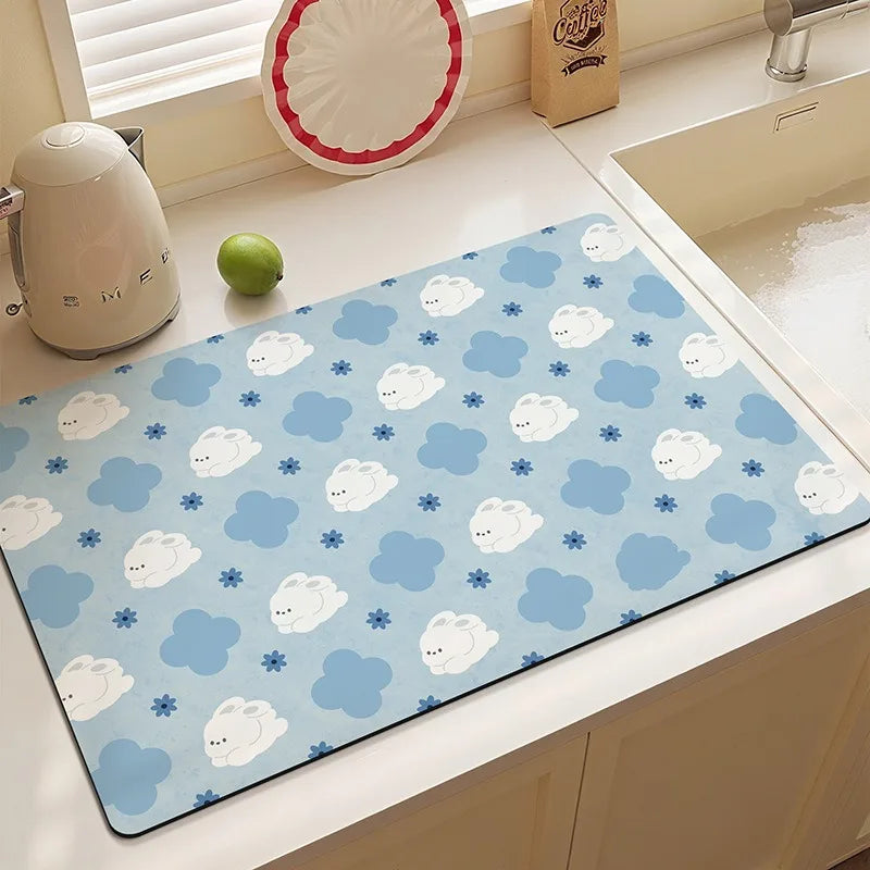 tapis cuisine moderne carreaux bleus blancs motifs flocons lapins