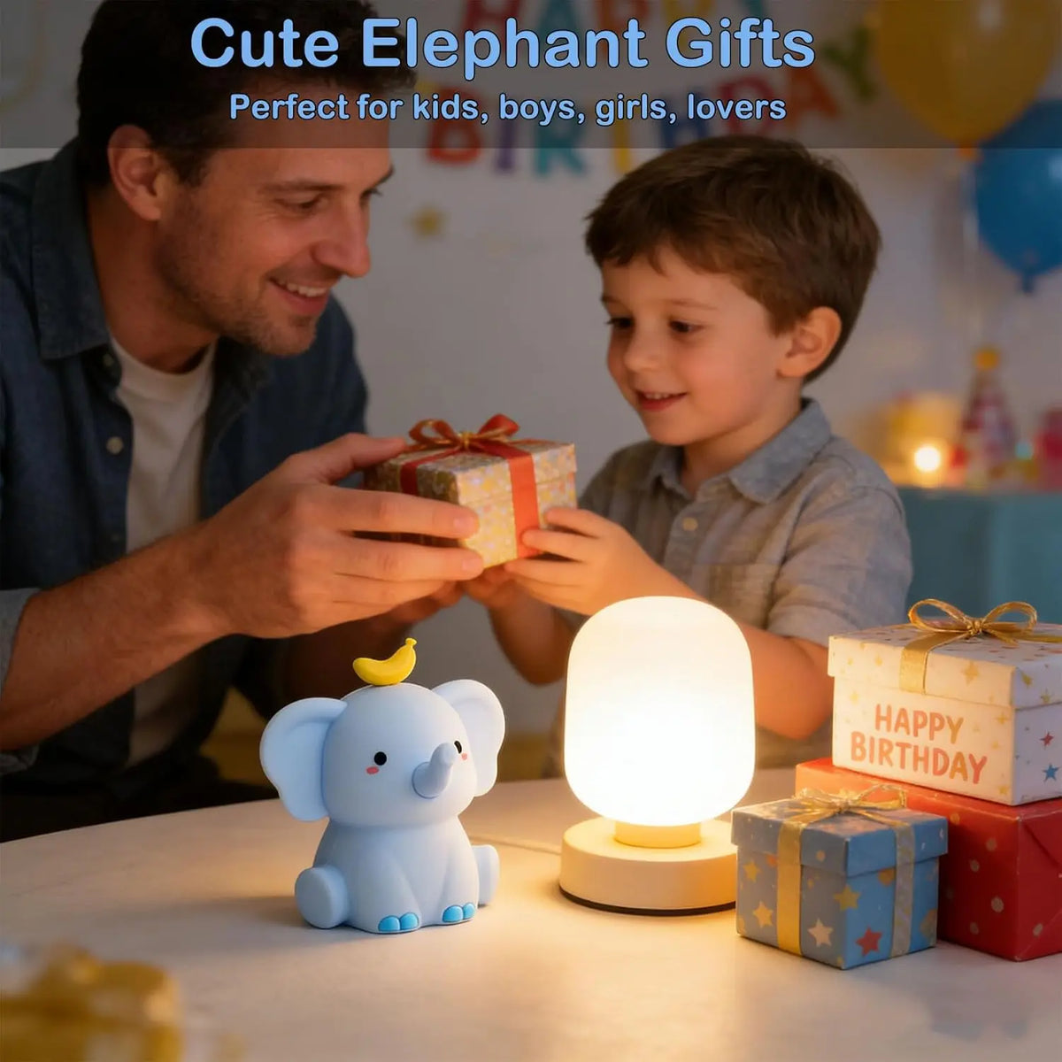 veilleuse éléphant blanc bleu jaune moderne flux lumineux faible intensité variable led chambre bébé