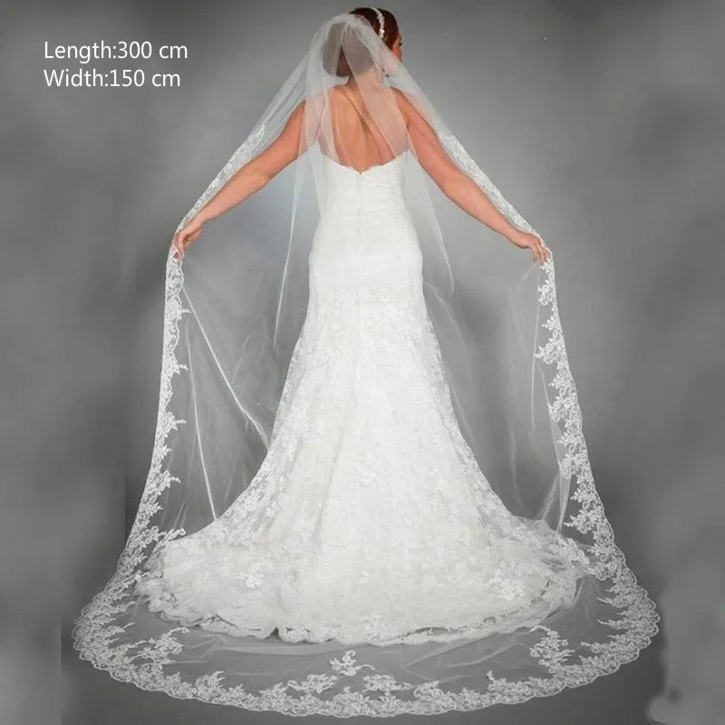 voile mariée blanc broderie florale classique bord dentelle polyester 300cm longueur