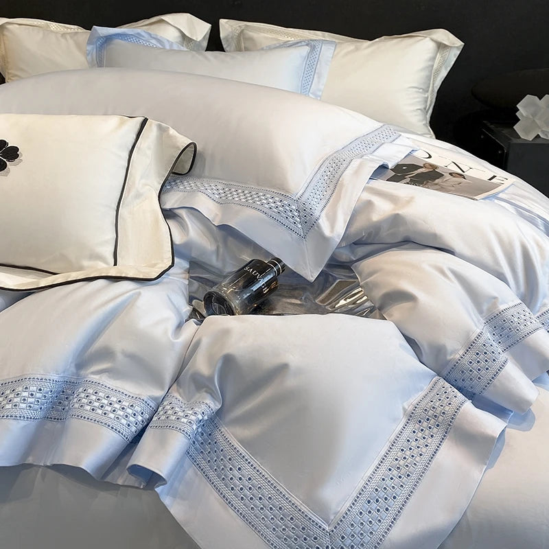 drap lit blanc bordure brodée ultra doux housses taies oreillers classique 18m 20m machine
