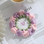 serviettes table crochet violet rose blanc fleurs relief coton polyester respectueux environnement artisanal main