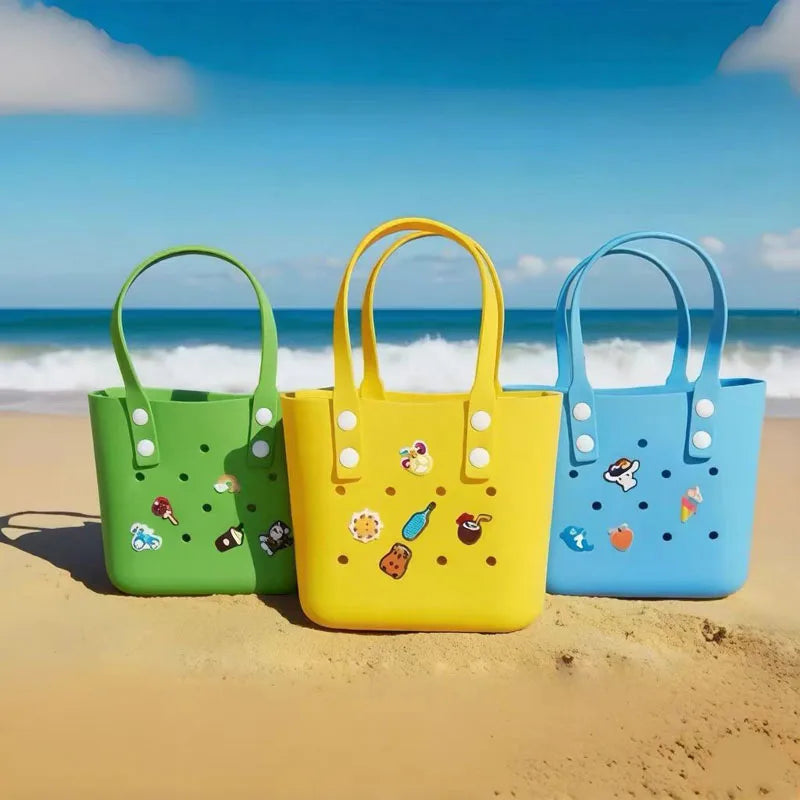 sac main vert jaune bleu perforé autocollants poignées détachables réutilisable respectueux environnement moderne casual