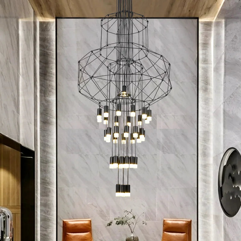 suspension lumineuse moderne fer noir structure géométrique interrupteur bouton éclairage intérieur minimaliste