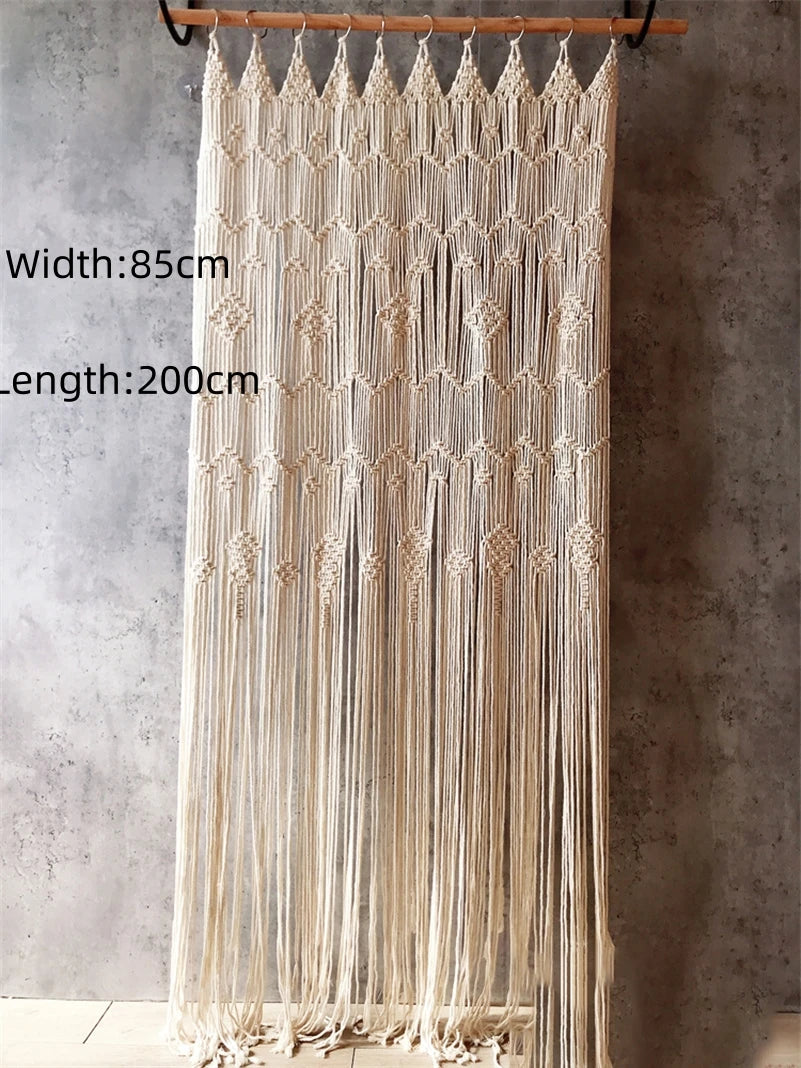 rideau macramé blanc crème motifs géométriques franges boho chic crochet métallique