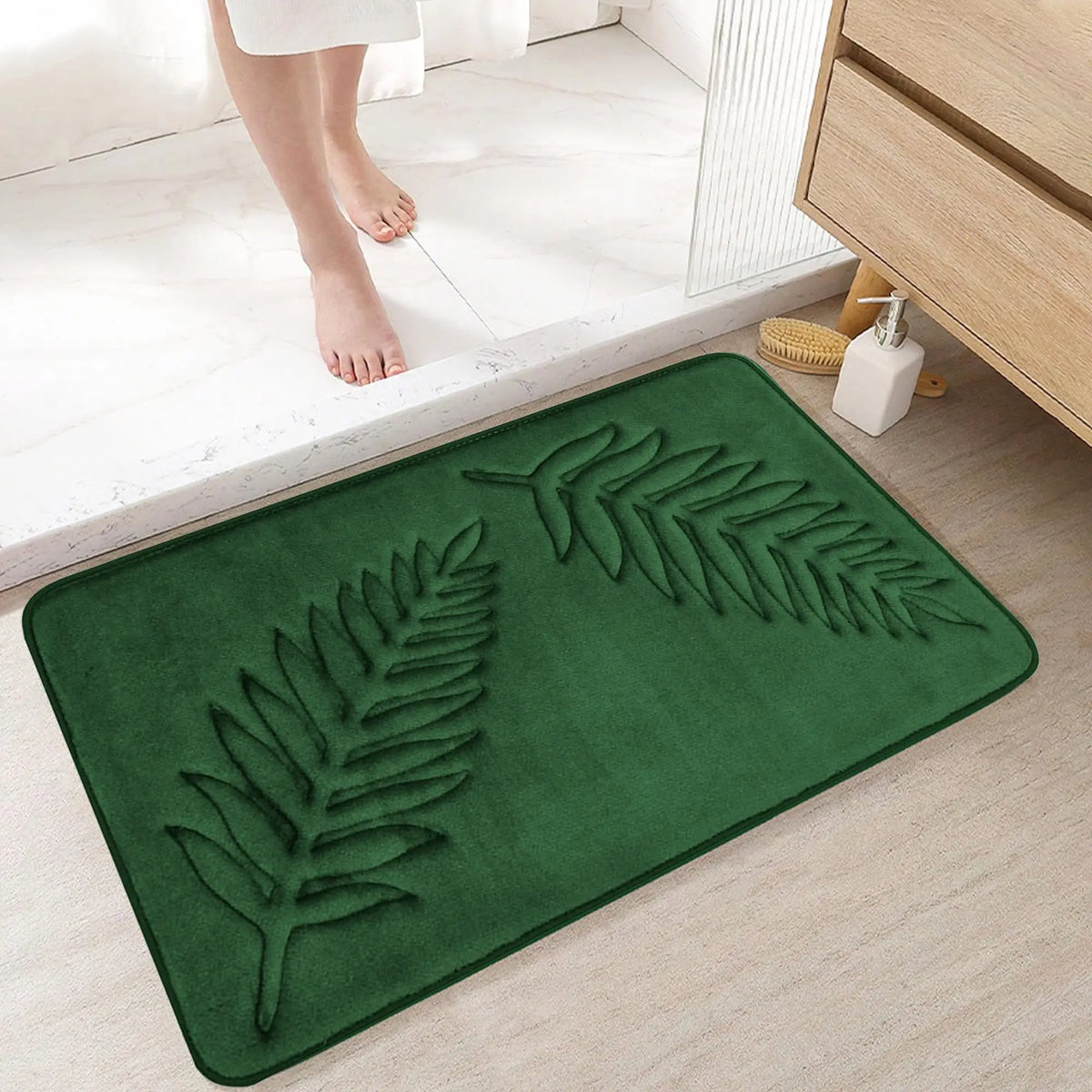 tapis bain antidérapant mousse mémoire forme feuilles palmier relief moderne vert foncé absorbant eau
