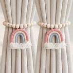 rideaux boho arc ciel franges bois blanc rose bleu clair anneaux