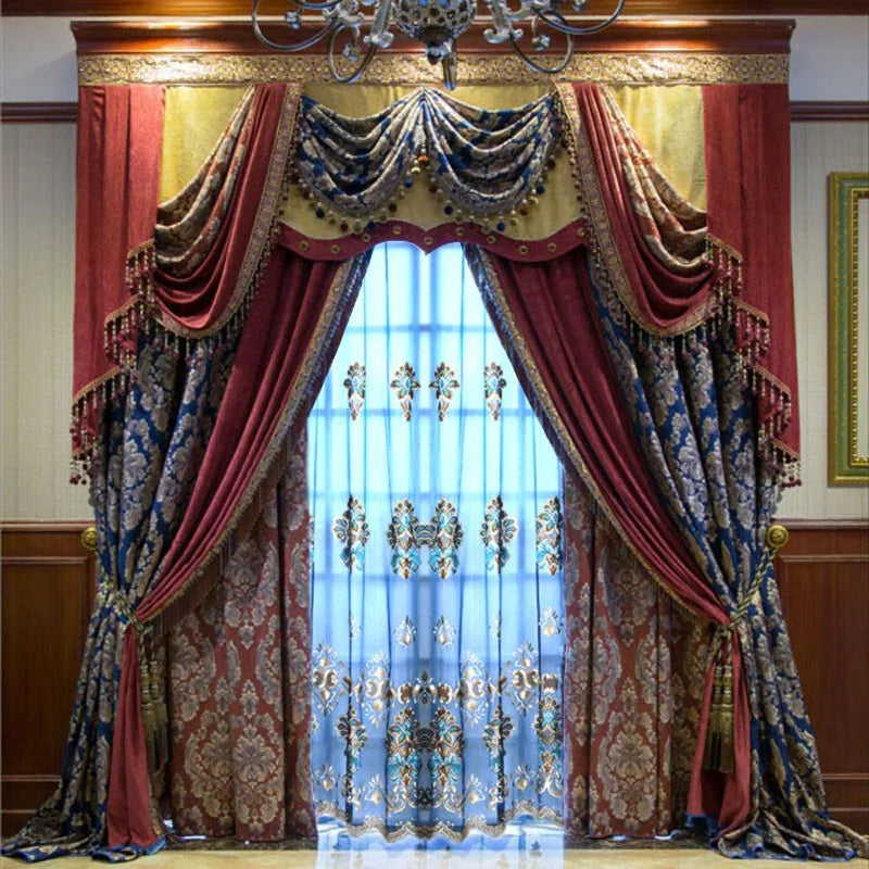 rideaux opaques fleurés royal fenêtre coffre or rouge bleu marine voilage transparent valance decoration