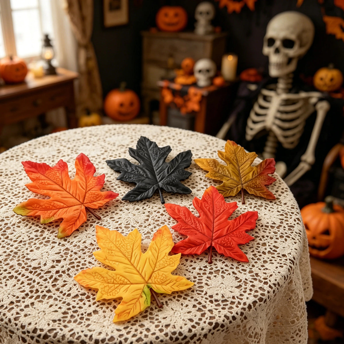 feuilles artificielles soie rouge orange jaune noires relief naturel décoratives extérieures halloween noël mariage