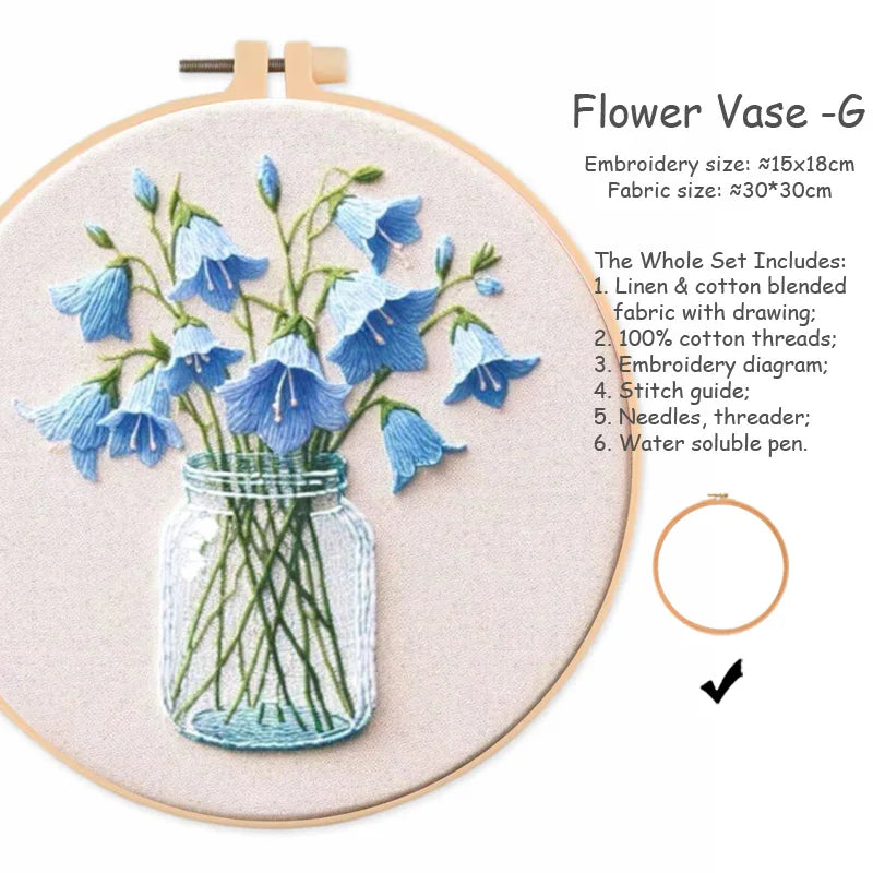 kit broderie fleurs vases multicolore traditionnel anneaux bois guide couture aiguilles fil coton