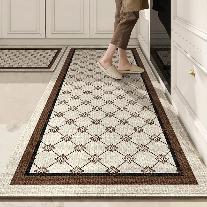 tapis imperméable anti dérapant cuisine maison beige marron motif géométrique polyester feutre lavable classique