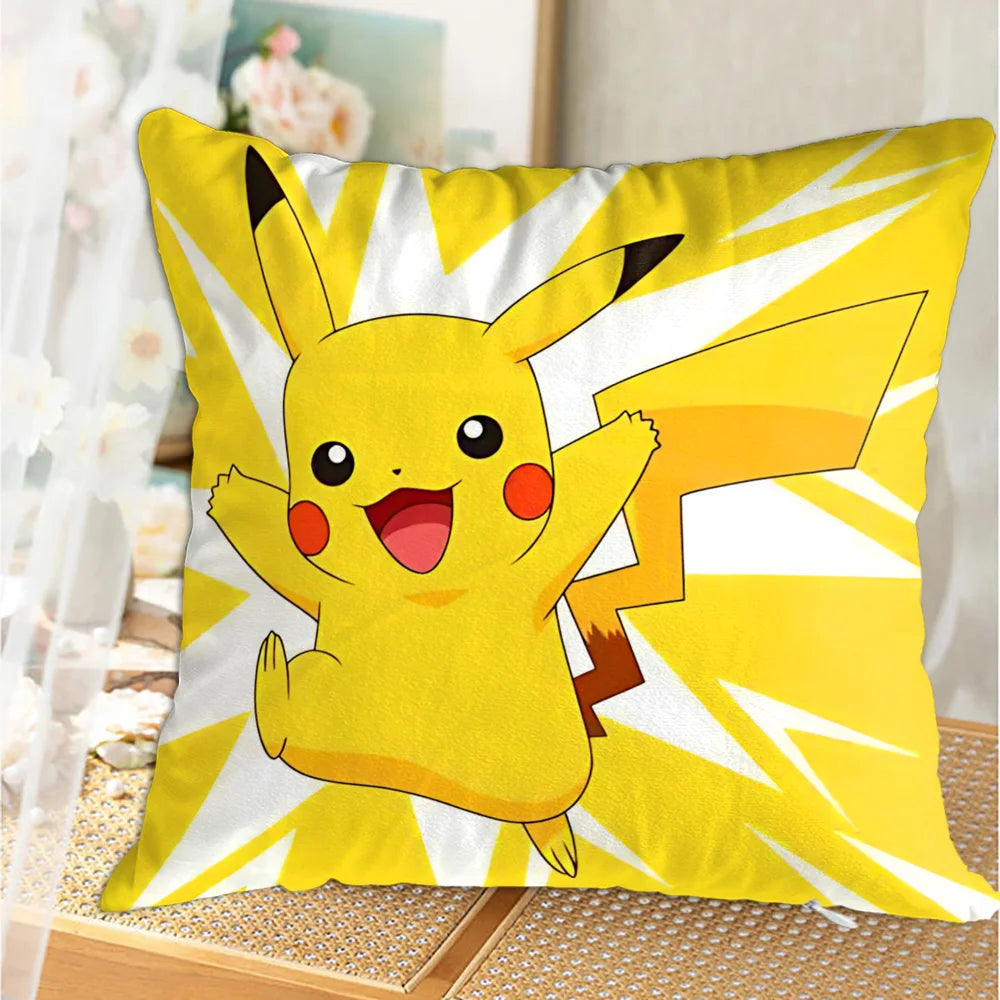 housse coussin carrée jaune motif pokemon pikachu décorative salon chambre lit enfant coton