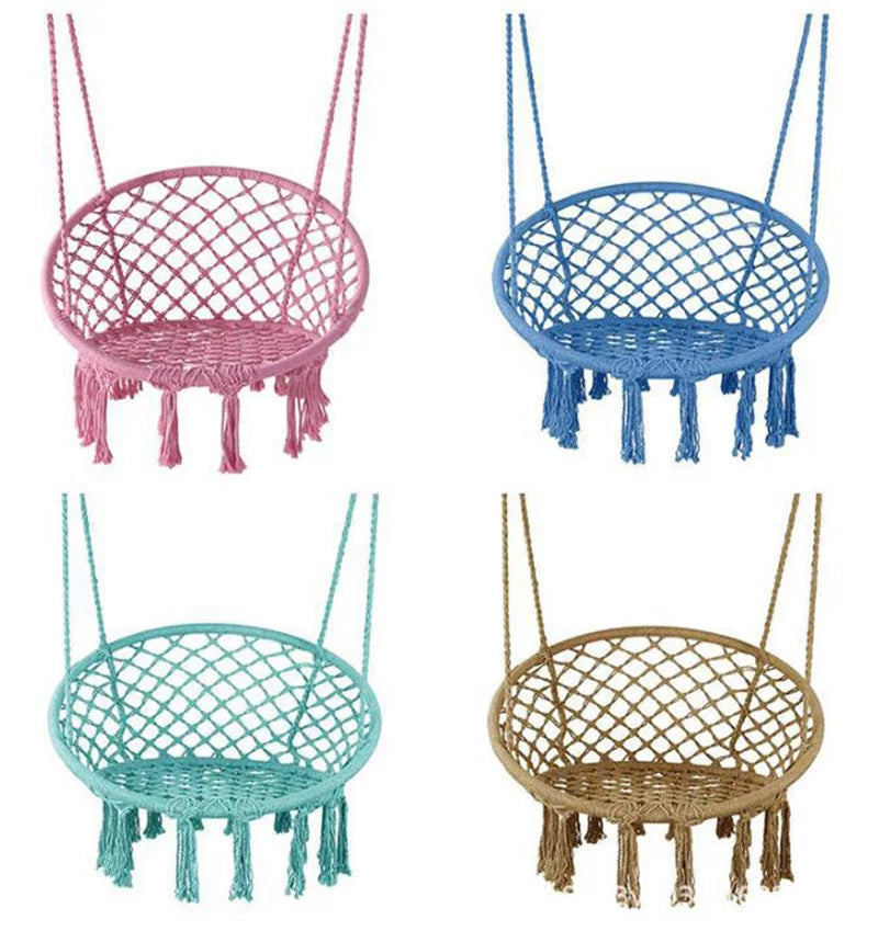 fauteuil suspendu macramé tissé motifs géométriques franges boho chic blanc beige noir rose bleu