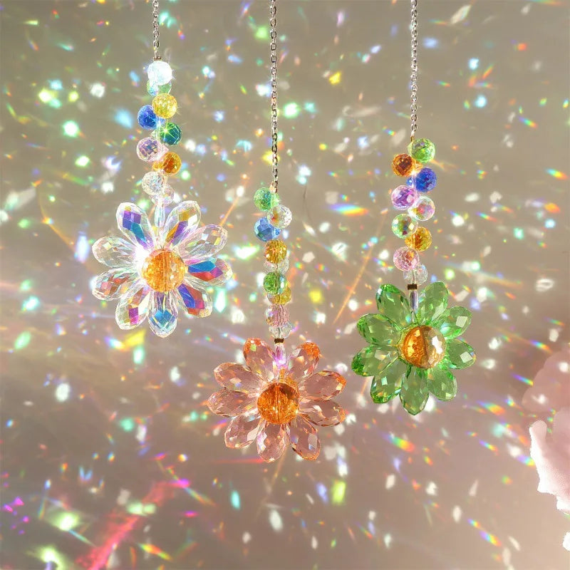 décorateur moderne élégant fleur cristal multicolore transparent irisé crochets métalliques six fleurs
