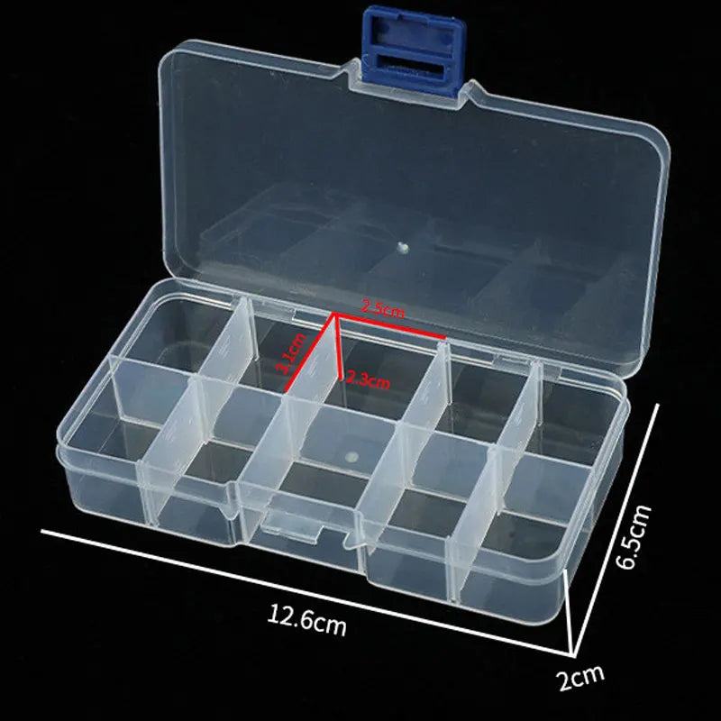 boîte rangement bijoux transparente pratique 10 compartiments clips cheveux poignée bleue