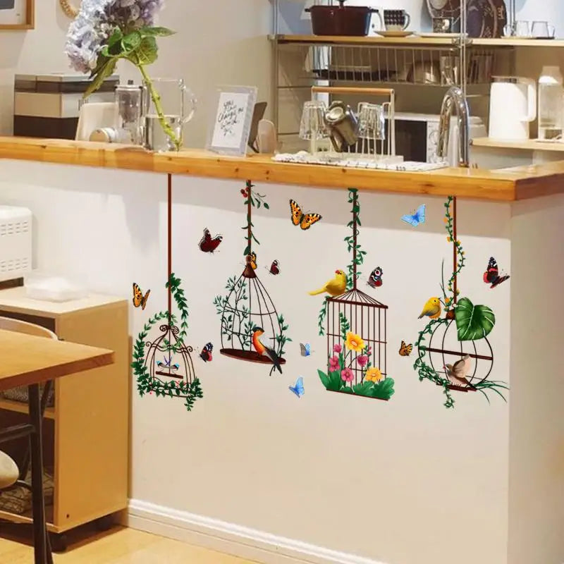 sticker mural oiseaux cage papillons fleurs décoratif adhésif vert jaune rouge bleu