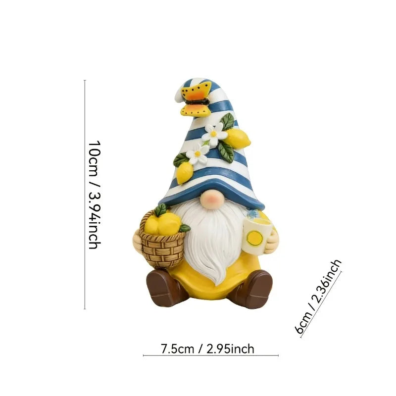 statue gnome decoratif jaune blanc marron citrons rayures chapeau barbe texturée intérieur extérieur jardin
