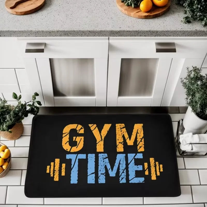 tapis sol moderne gym time lettres doré bleu barbell adhésif noir sport chambre maison