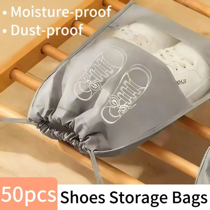 sac rangement chaussures gris non tissé fenêtre transparente cordon serrage