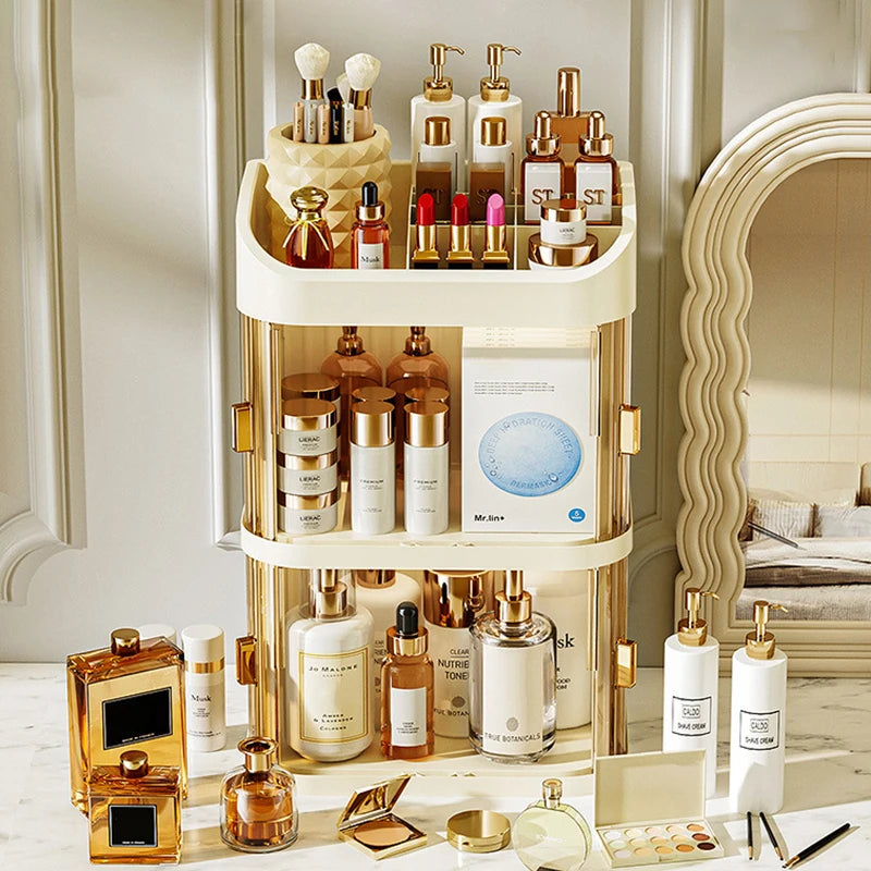 rangement cosmétique étagère moderne beiges doré rayures bouteilles tubes flacons poudres palettes maquillage