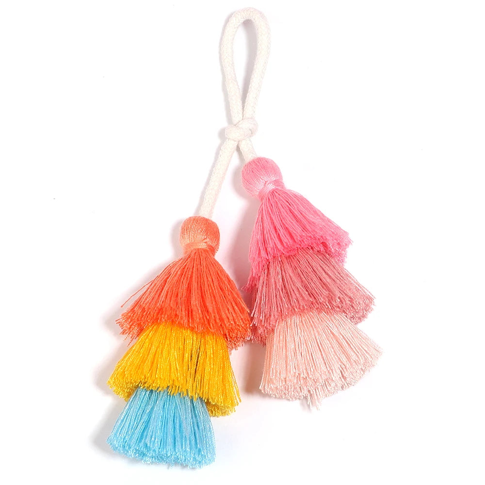 pompons multicolores tissés franges bohèmes décontractés accessoire décoration sacs rideaux artisanal DIY