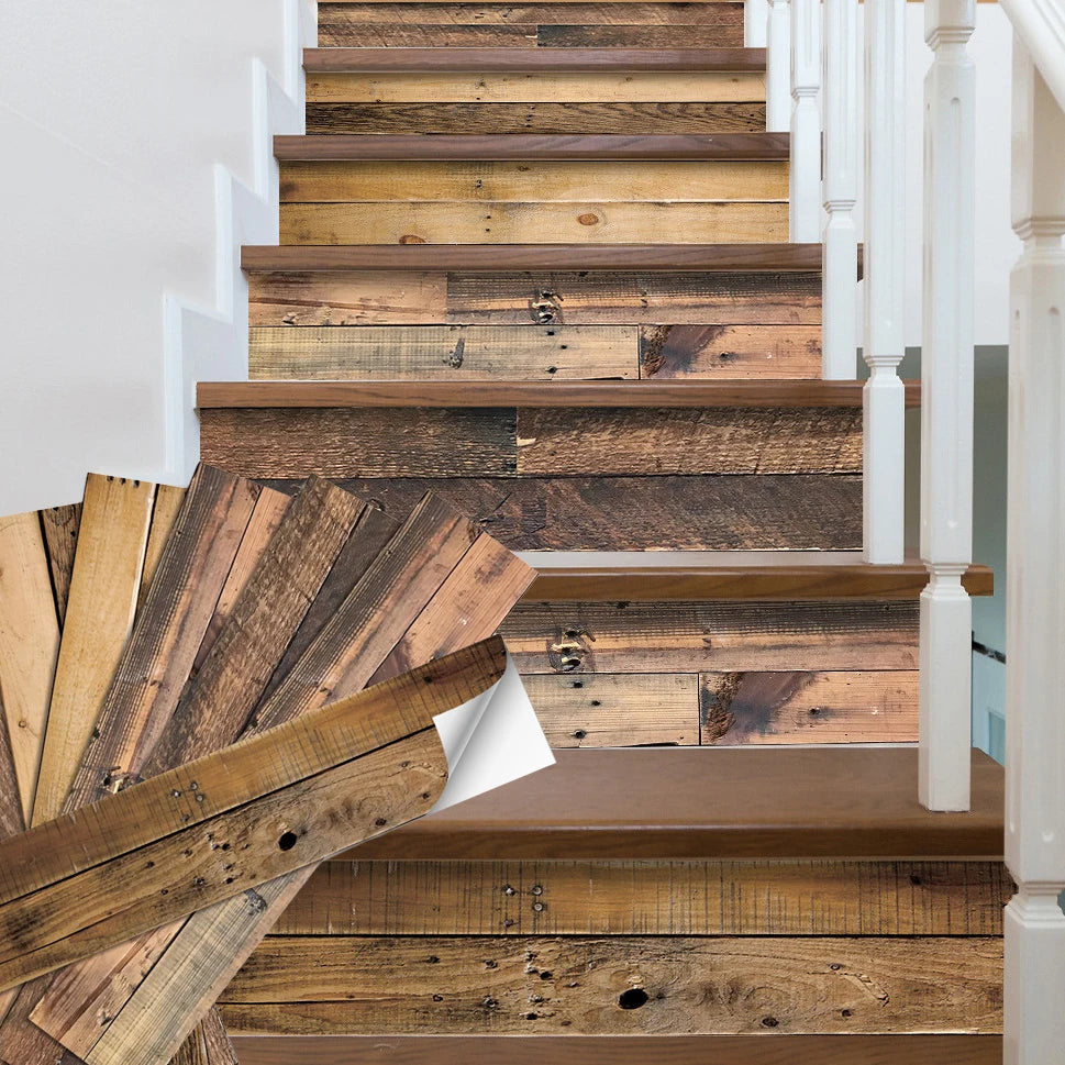 autocollants escalier bois vieilli adhésifs rustiques vintage 7pièces brun bleu