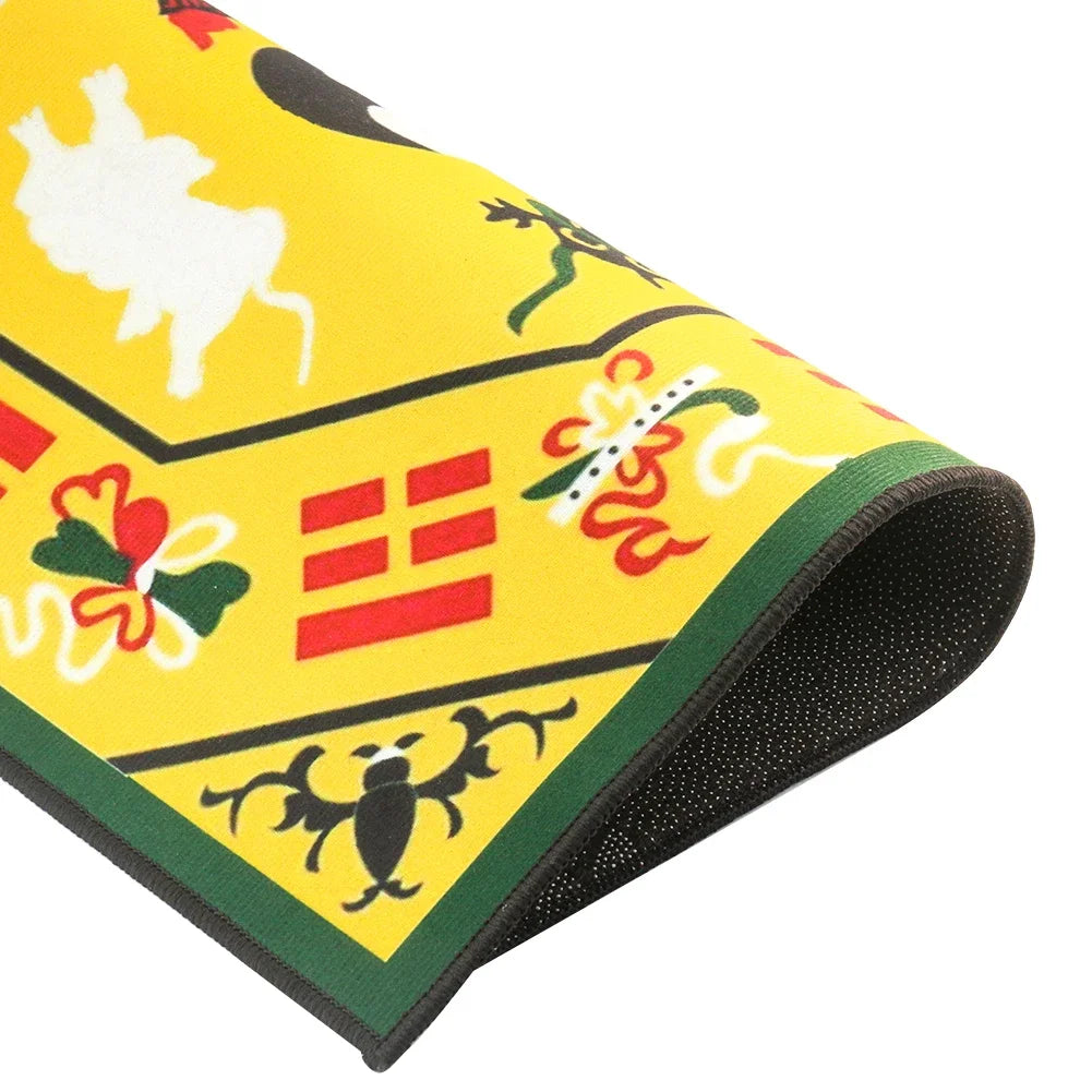 tapis traditionnel yin yang dragons fleurs geometrique jaune vert noir rouge maison prière exorcisme