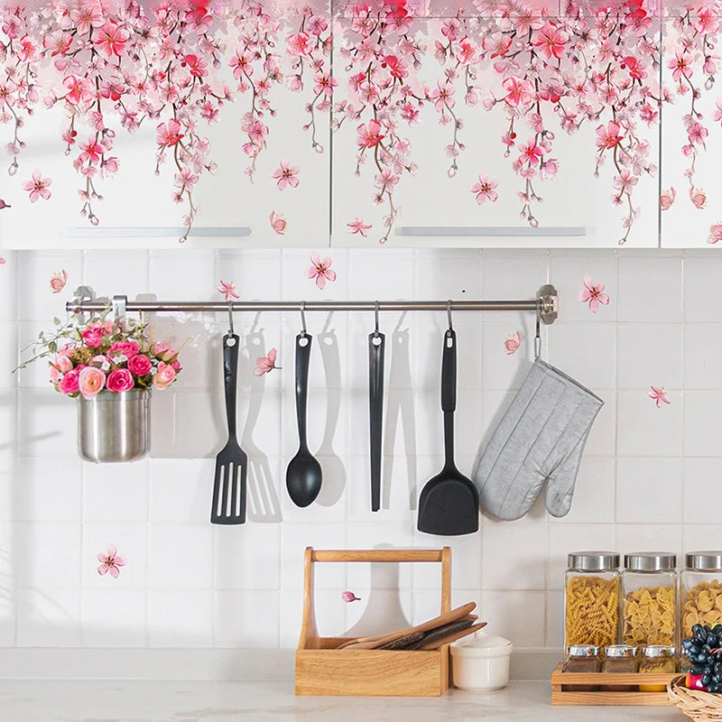 sticker mural rose fleurs cerisier adhésif décoration intérieure floral papillons chambre salon