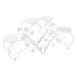 meuble plante métal noir niveaux feuilles stylisées art nouveau pots blancs arrosoir bleu balcon