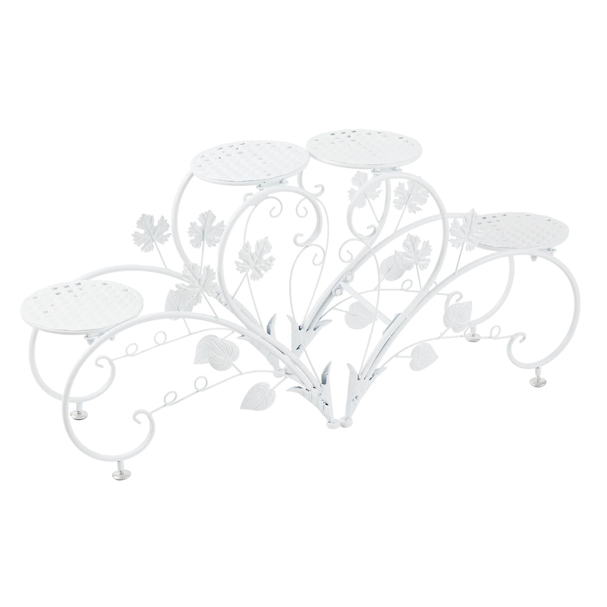meuble plante métal noir niveaux feuilles stylisées art nouveau pots blancs arrosoir bleu balcon