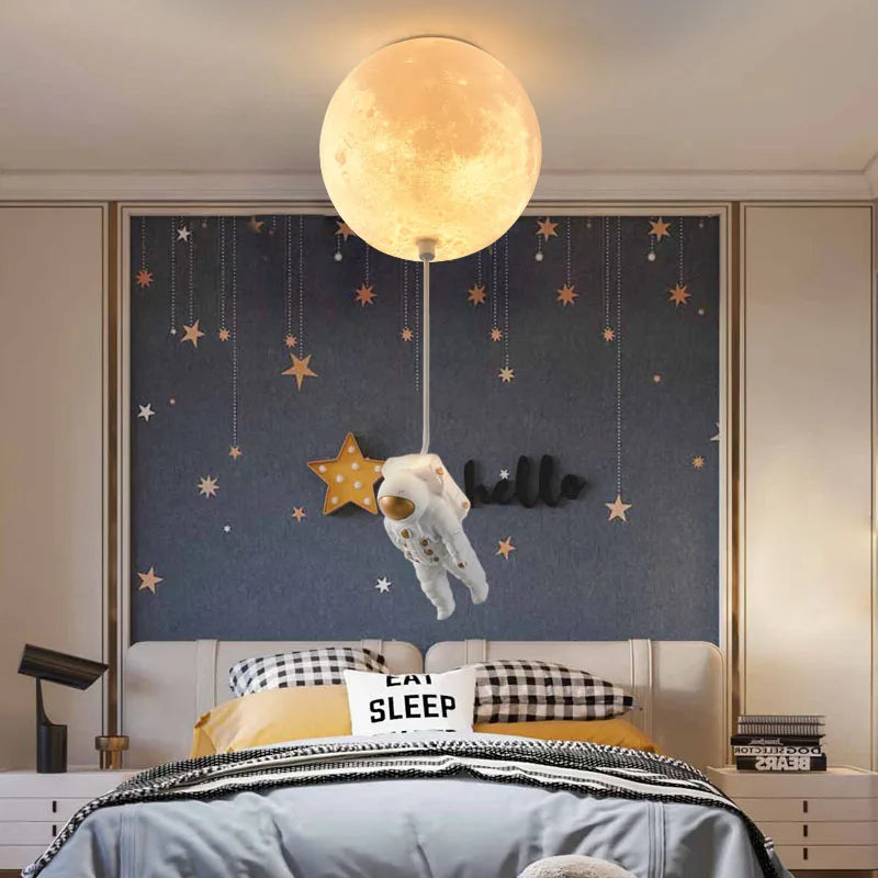 suspension lumineuse moderne astronautes lune blanc doré acrylique métal toucher interrupteur led 18cm 20cm