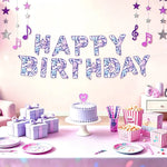 guirlande lettres birthday violet blanc moderne graphique confettis ballons gâteau assiettes verres