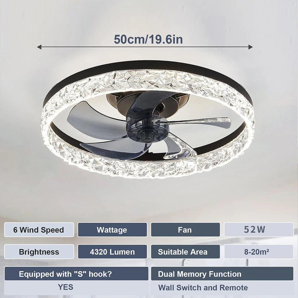 ventilateur led moderne cristal brillant télécommande blanc noir contemporain