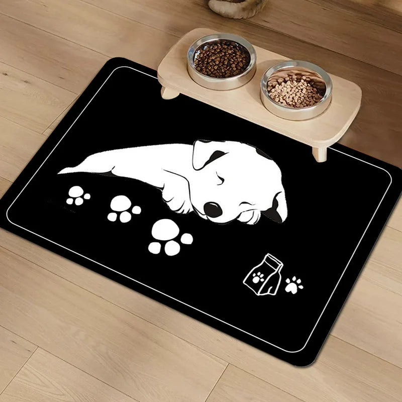 tapis imperméable rapide séchage moderne deux bols animaux compagnie chien endormi noir respectueux environnement