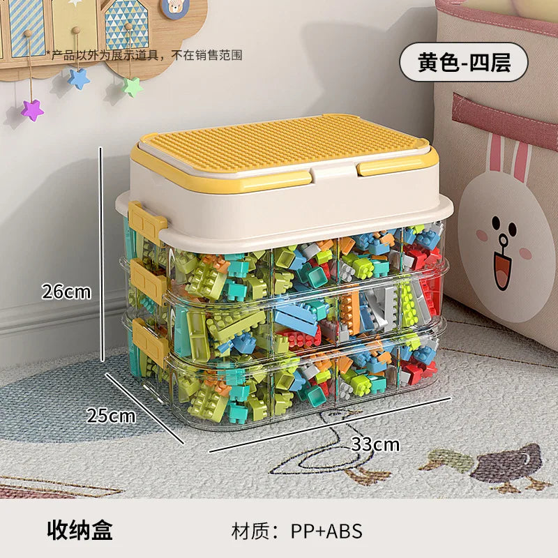 boîtes rangement jouets transparentes plaques lego like poignées couleurs blanc jaune vert bleu rouge