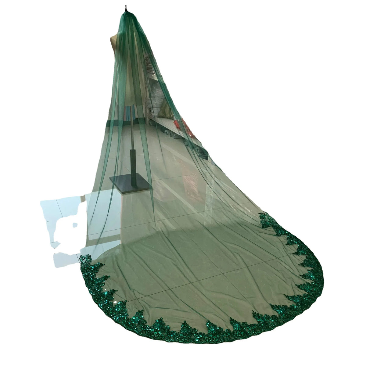 voile mariée vert sequins bordure perlée transparent classique tulle polyester