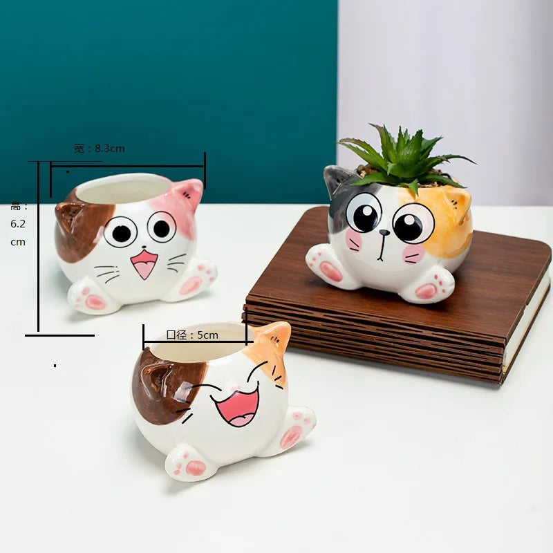 cache pot forme chat cartoon miniature deco plante verte blanc rose orange