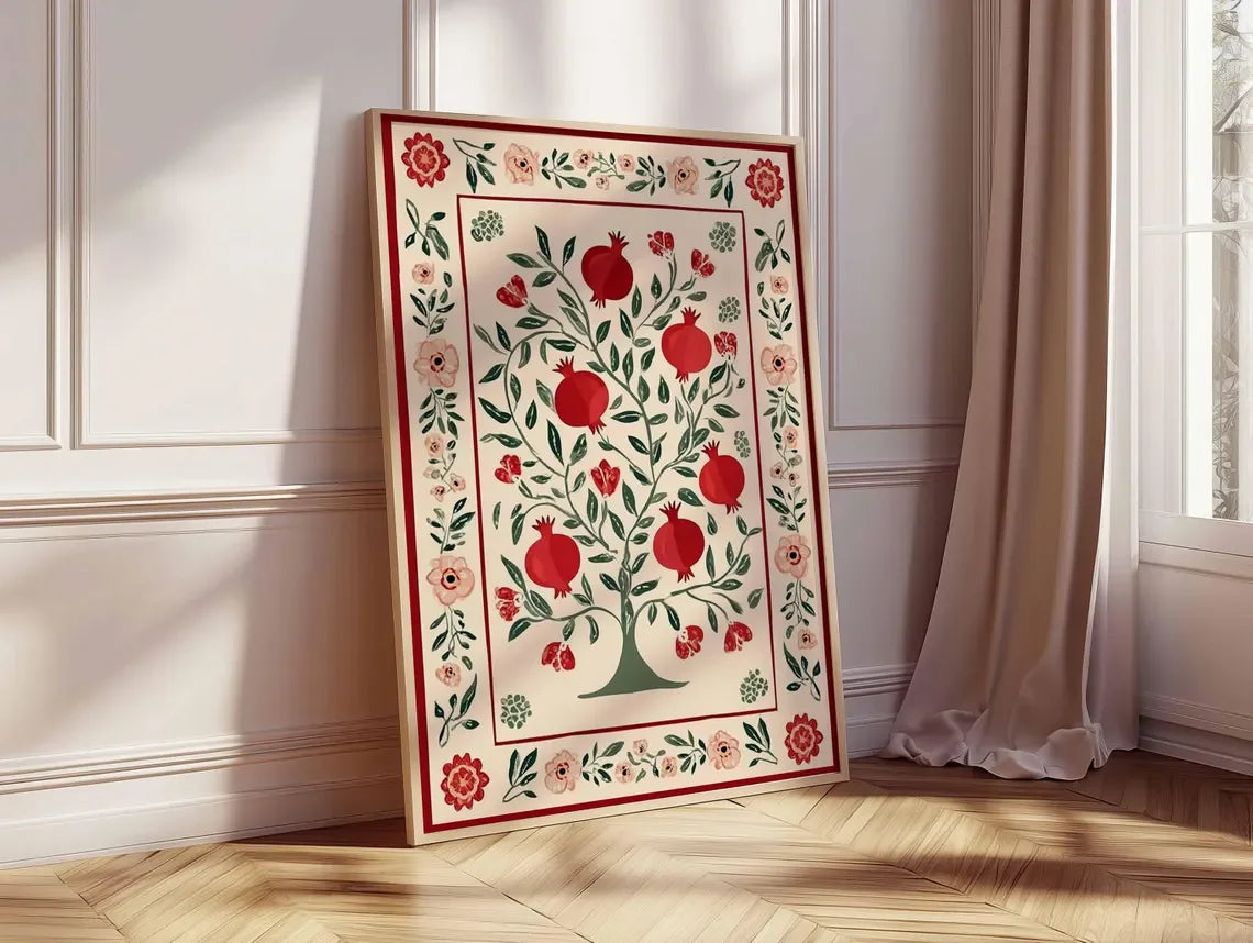tapis sol traditionnel motif arbre grenade fleurs rouge beige folklorique décoration maison