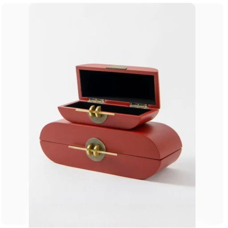 boîte bijoux rouge moderne boutons dorés mat bois capacité stockage respectueux environnement empilable rectangle