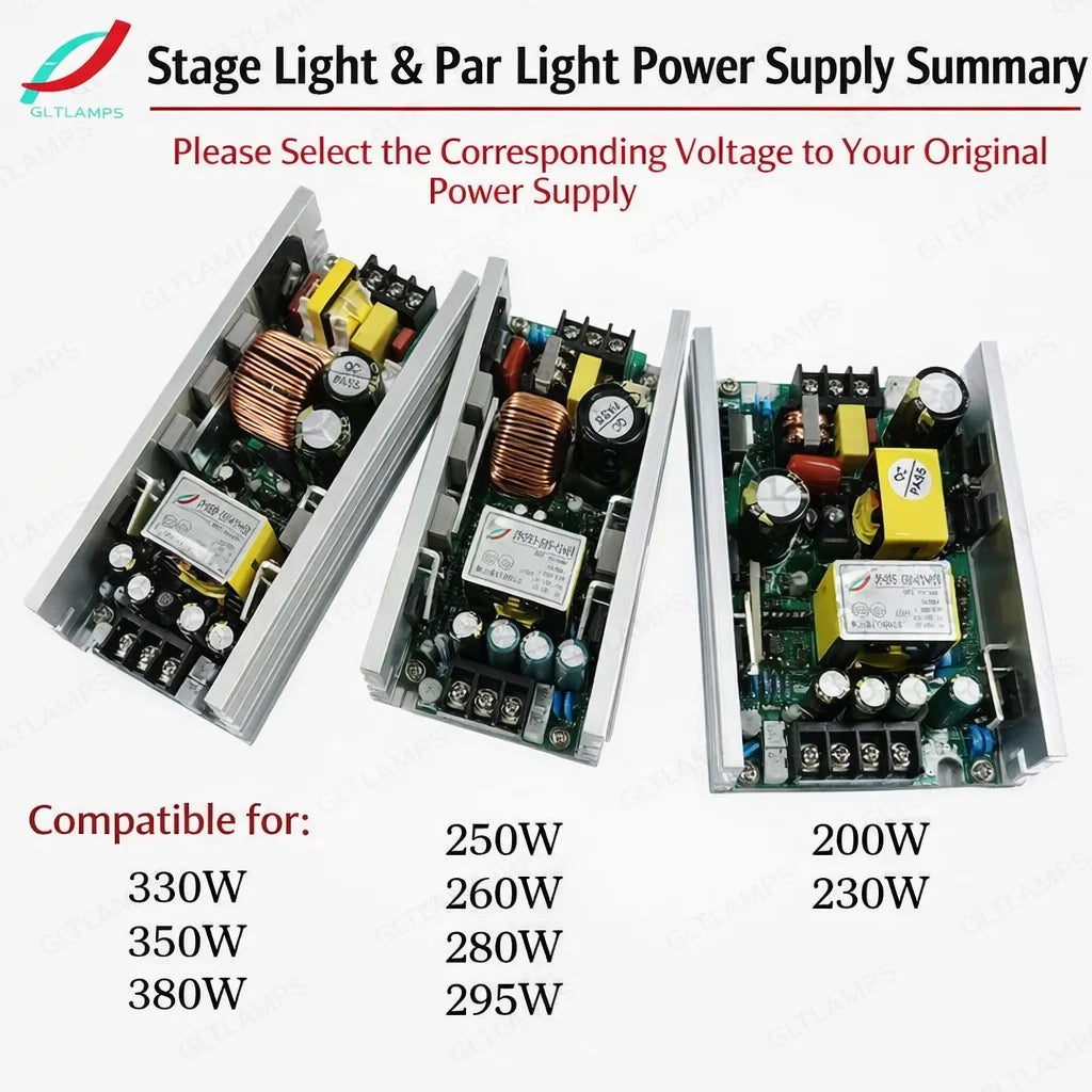 transformateurs alimentation projecteurs scène lampes faisceau mobiles circuits imprimés condensateurs bobines orangers grisés jaunes