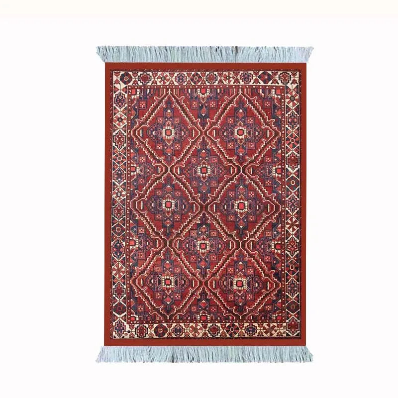 tapis persan franges ornements traditionnels rouge bleu noir beige marron classique sous verre gaming