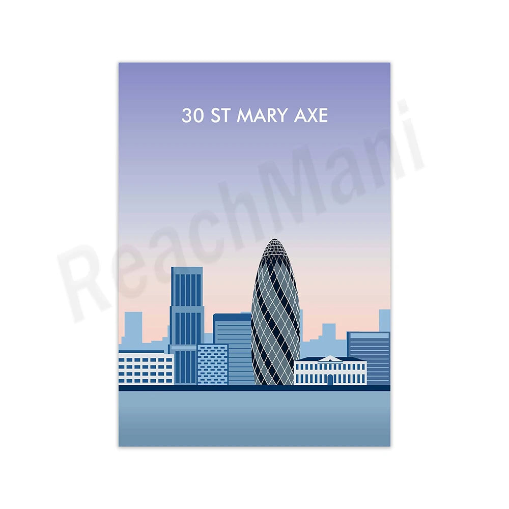 L'image montre une illustration de l'horizon de la ville de 30 St Mary Axe, avec des gratte-ciel en arrière-plan.