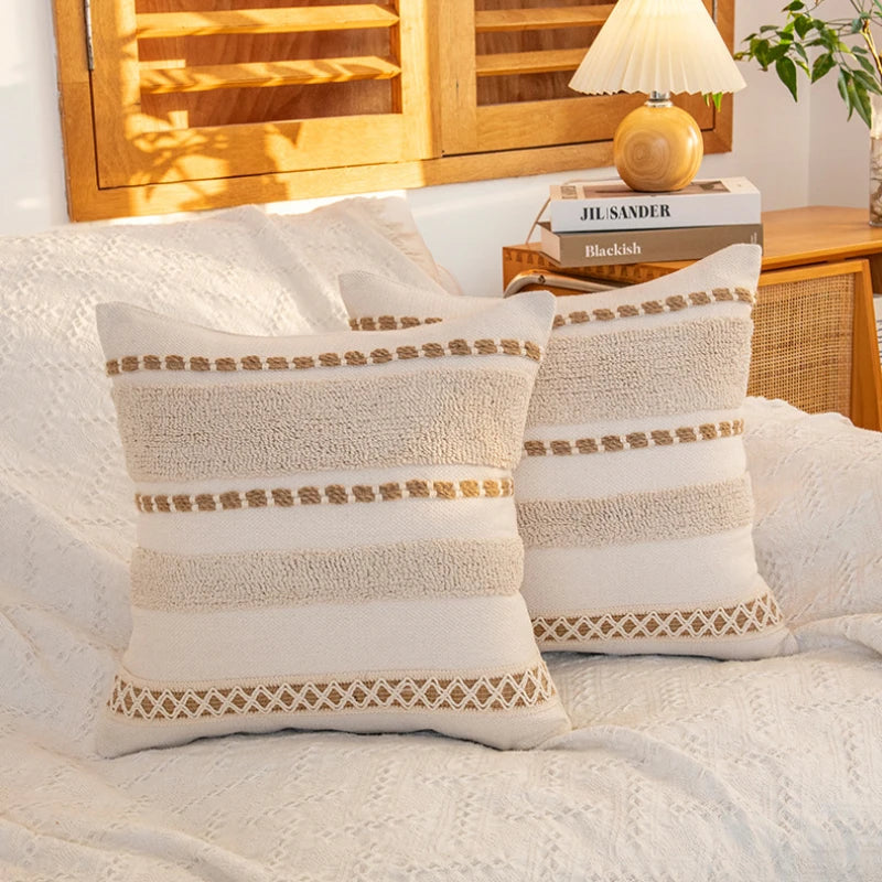 coussin peluche patchwork motif géométrique boho chic franges non toxique 45x45cm