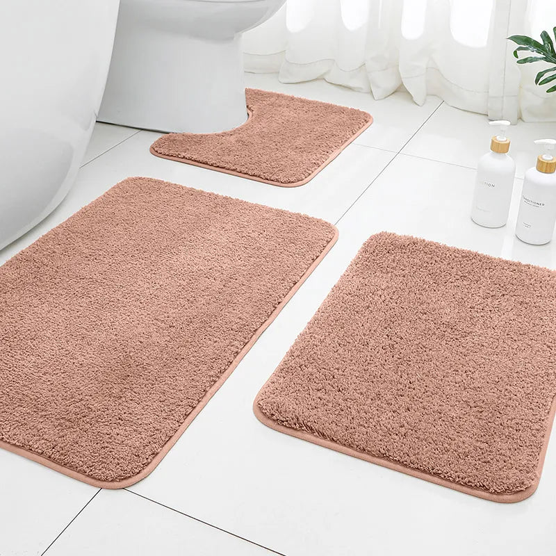 tapis bain moderne gris rose uni doux antidérapant respectueux environnement machine lavage trois pièces