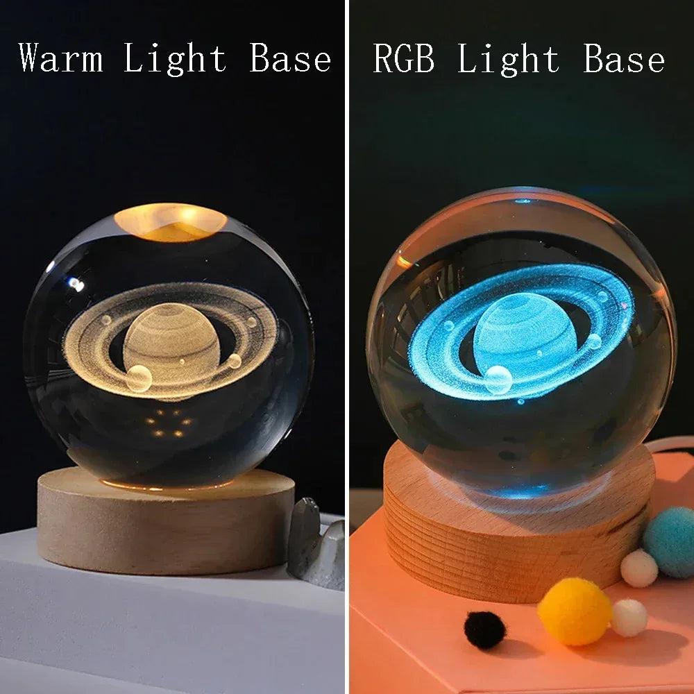 veilleuse boule cristal galaxie saturne transparente base bois minimaliste led éclairage maison decoration