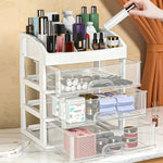 organisateur maquillage blanc moderne sans tiroirs coulissants transparent étiquettes autocollantes brosse maquillage