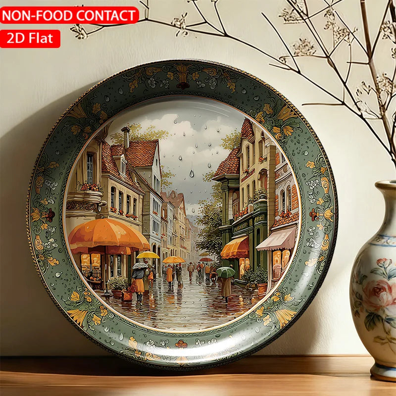 assiette décorative céramique rue pluie vert beige marron gris peinture classique fixations murales 20cm