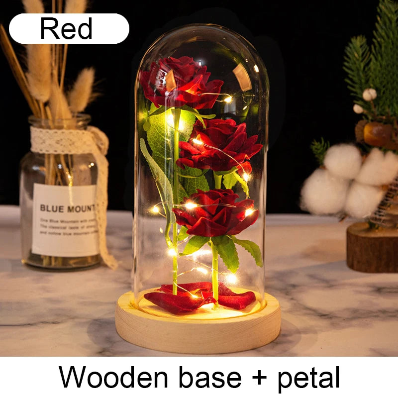 roses stabilisées bouquet guirlande lumineuse cloche verre décoration intérieure romantique anniversaire valentin engagement